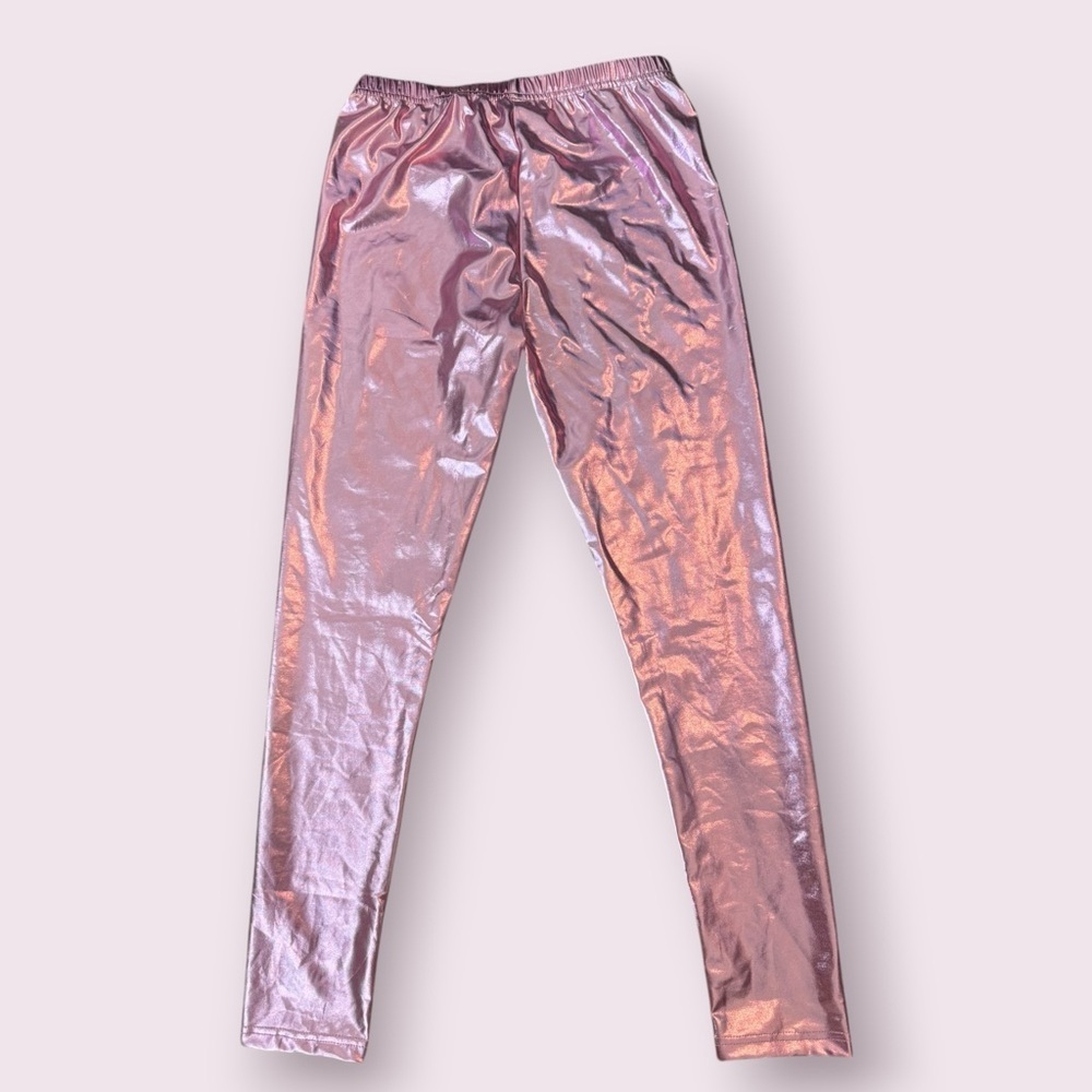 Pink Metallic Foil High Rise Leggings Festival Rave Pants Size L - Picture 4 of 4